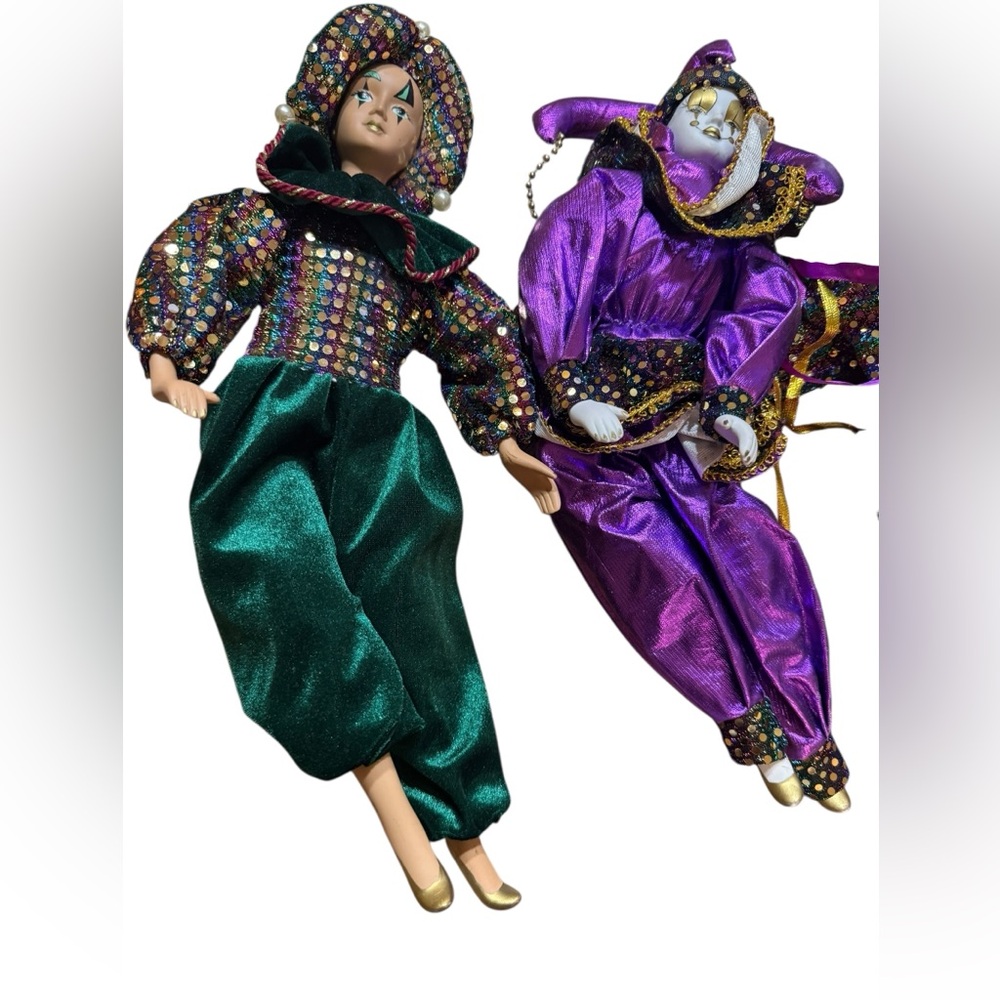 Vintage Mardi Gras Porcelain Jester Dolls Set Purple Green Gold Harlequin Clowns - Picture 3 of 6